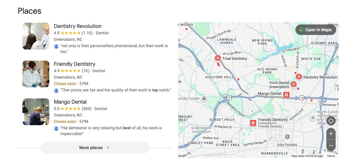 Local pack for dental practices, showing how local SEO for dentists works in action