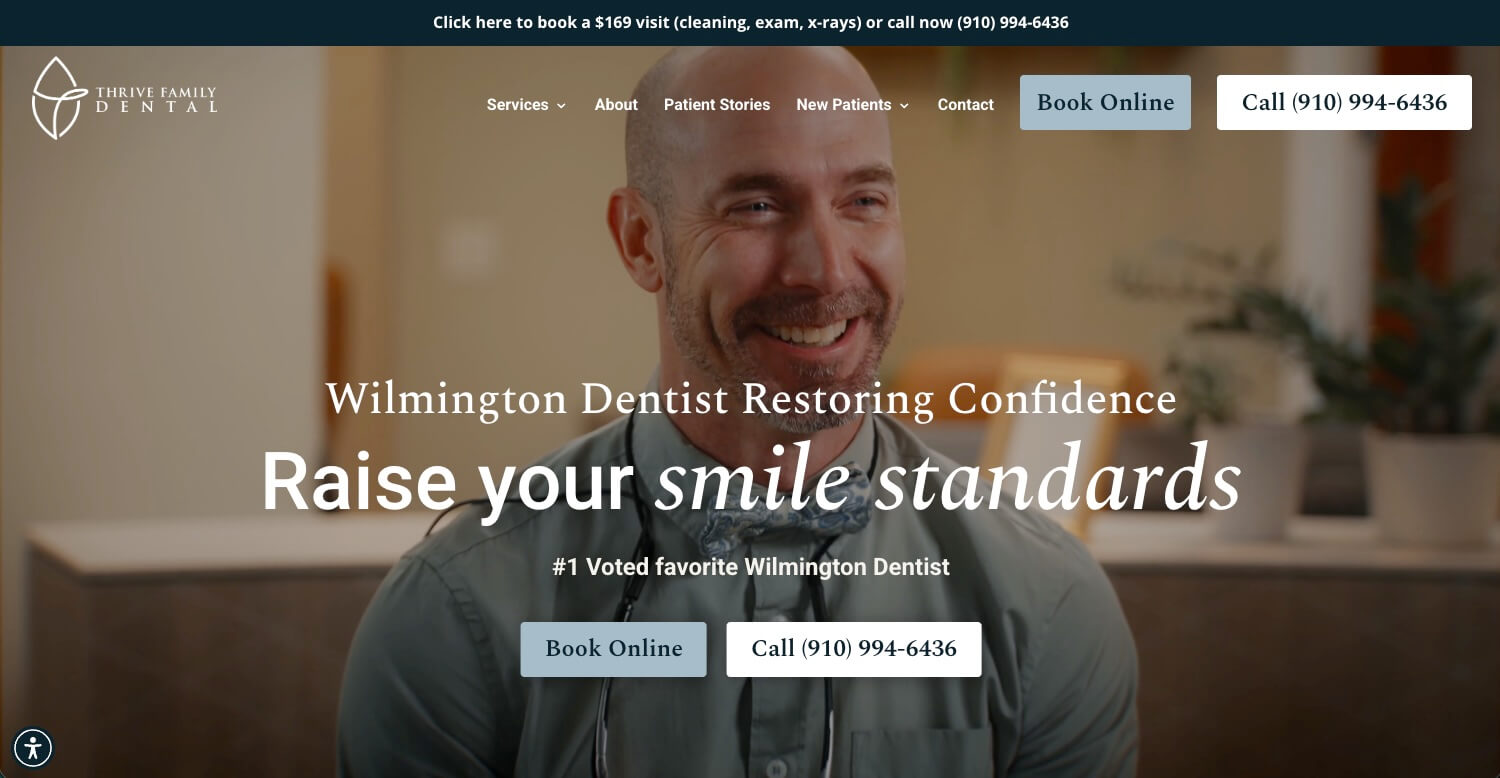Home page for Thrive Family Dental, one of the best dental websites of 2026