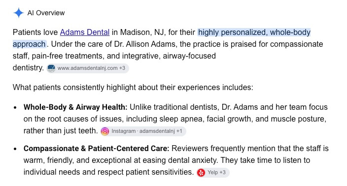 AI overview showing content from patient reviews, which are a key piece of answer engine optimization (AEO) for dentists