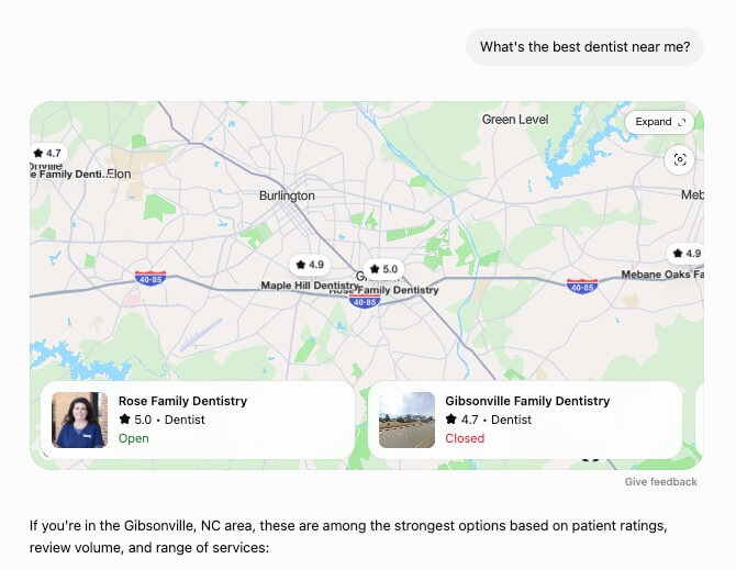 Answer engine optimization (AEO) for dentists in practice, with a search for a dentist nearby