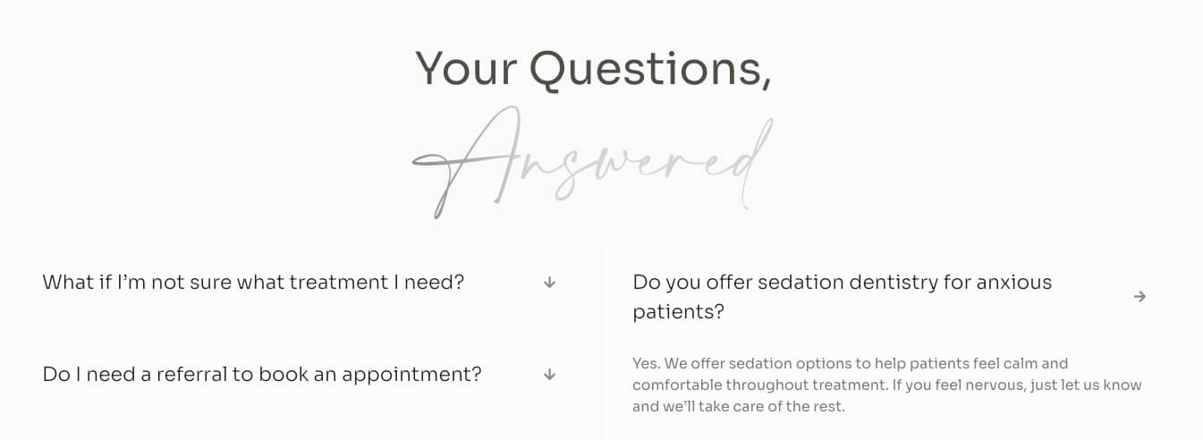 FAQ blocks, which help with answer engine optimization (AEO) for dentists