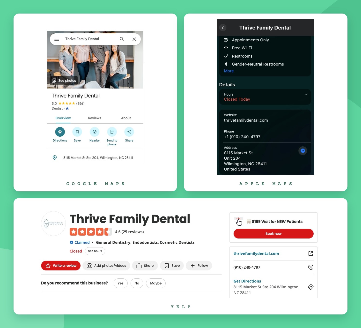 Thrive Family Dental's matching business information on Google Maps, Apple Maps, and Yelp