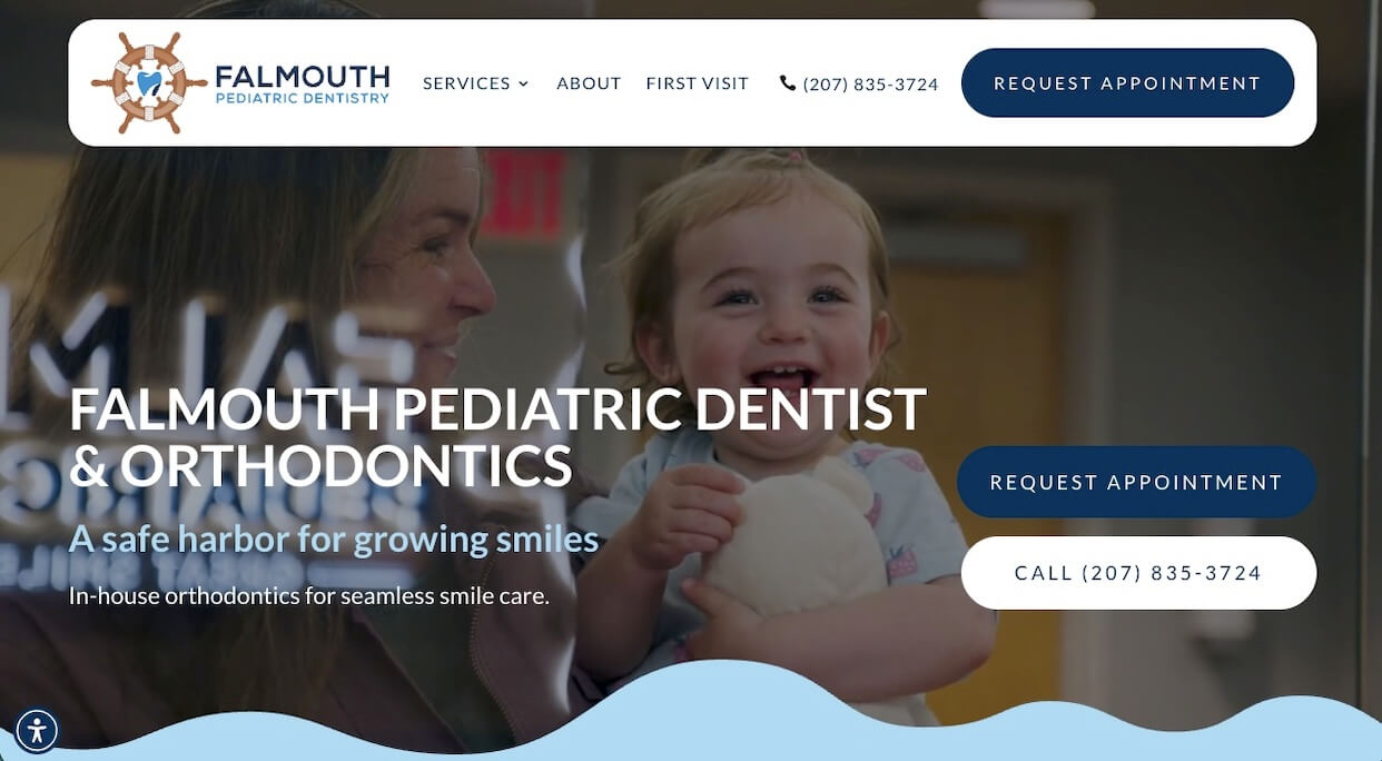 The home page for Falmouth Pediatric Dentistry, one of the best pediatric dental websites in 2026