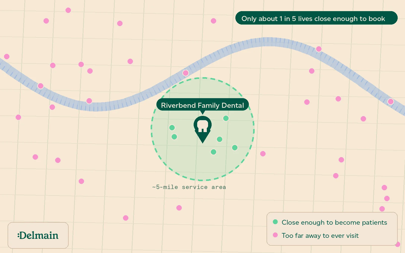 Map of a dental practice’s social followers, most living outside the 5-mile service area
